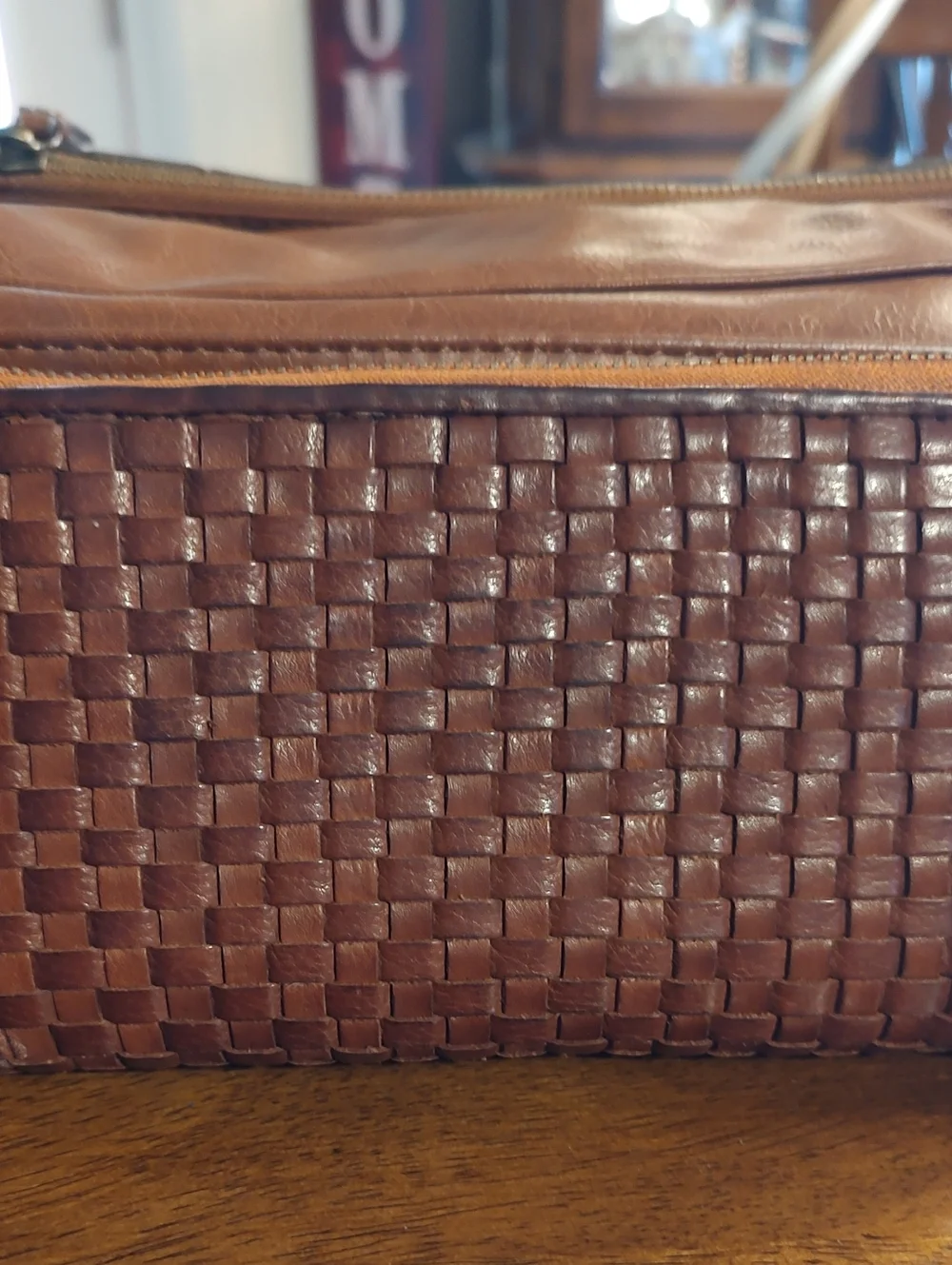 Woven Leather Messenger Bag with Matching Wallet - Brown